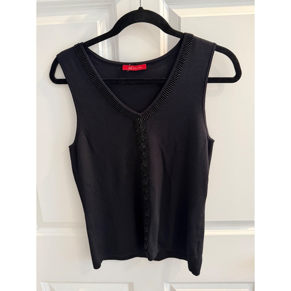 Anne Klein Womens S Black V-Neck Pleated Ribbon Trim Sleeveless Knit Shell Top